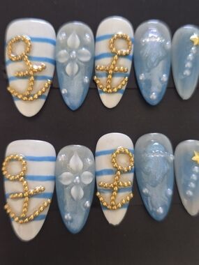 Hand Crafted Blue & White Nautical Press-On Nails with Gold Anchors